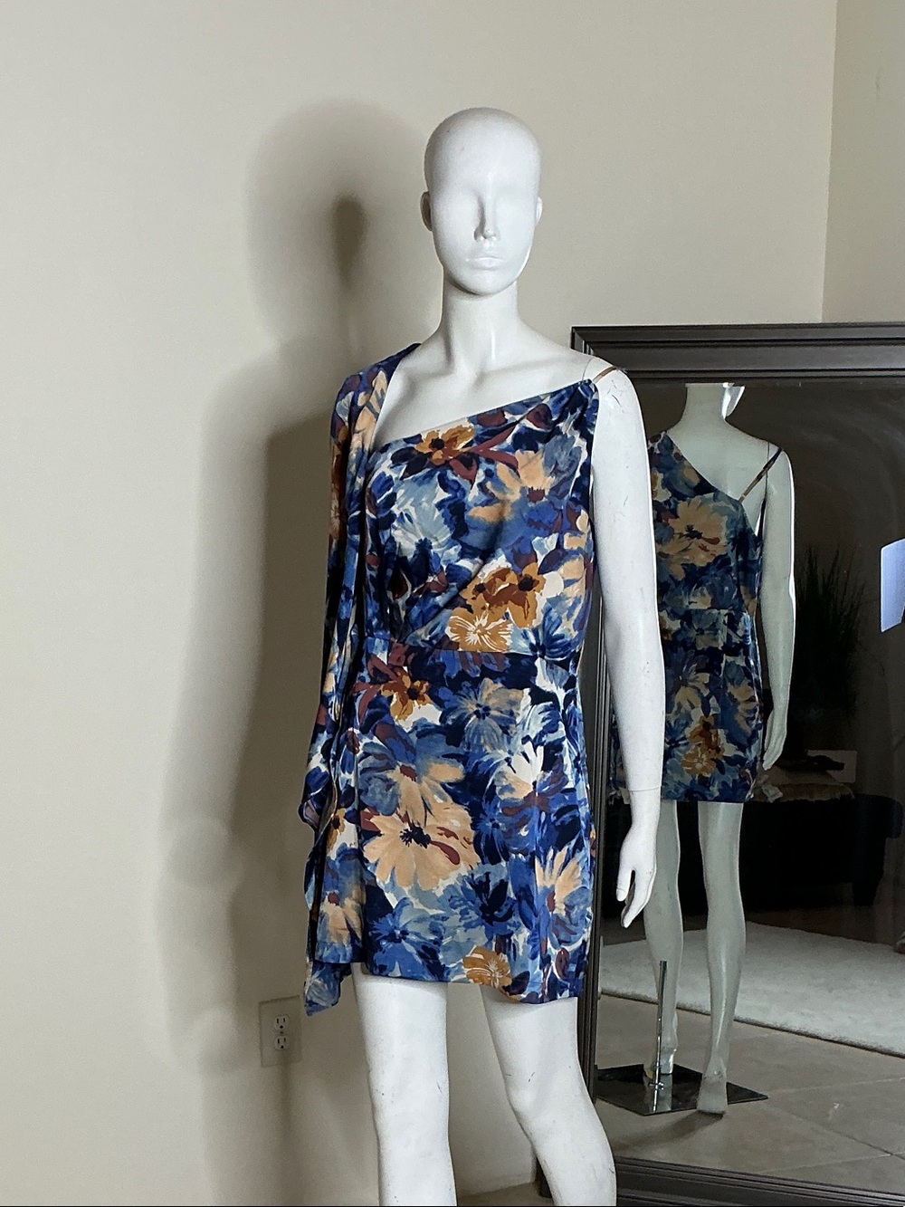 Luxxel Blue Floral One-Shoulder Mini Dress with Cream & Gold Accents
